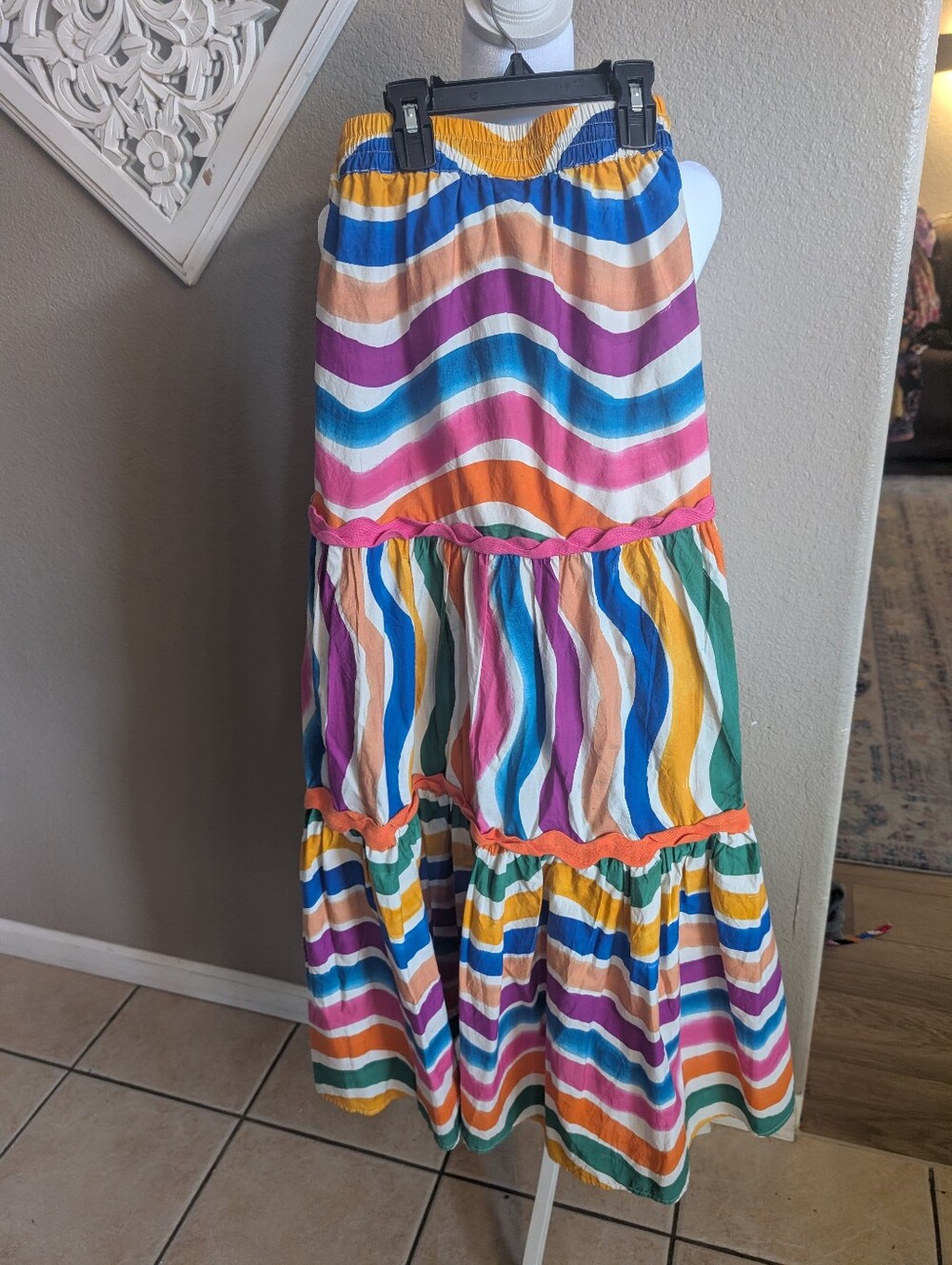 Women’s Multicolor Tiered Maxi Skirt - Vibrant Striped Print - Picture 2 of 6
